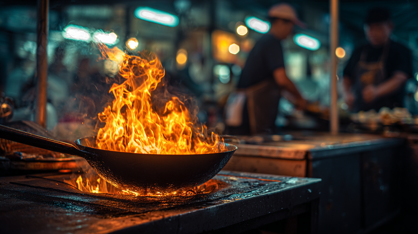 Close-up of a blazing wok with blurred street cooks behind.