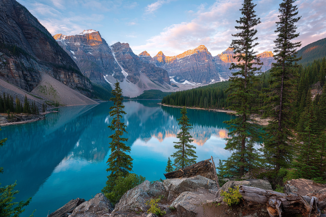 Cinematic landscape of Moraine Lake in Banff National Park