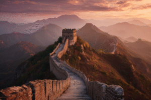 Cinematic sunrise view of the Great Wall of China