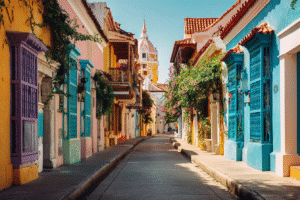 Cinematic photo of colorful colonial streets in Cartagena Old Town