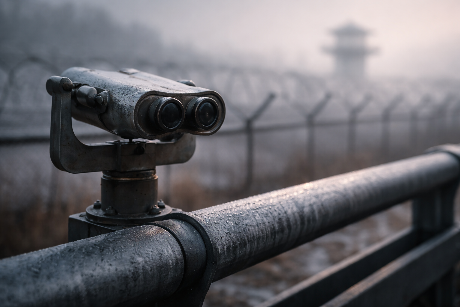 Binoculars on a guardrail with distant fencing blurred behind at the DMZ.