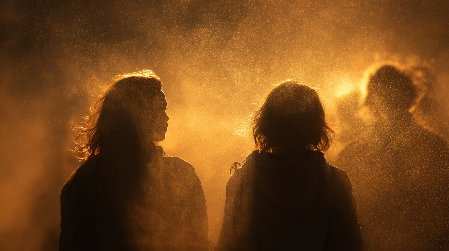 Silhouetted group standing together in warm evening light.