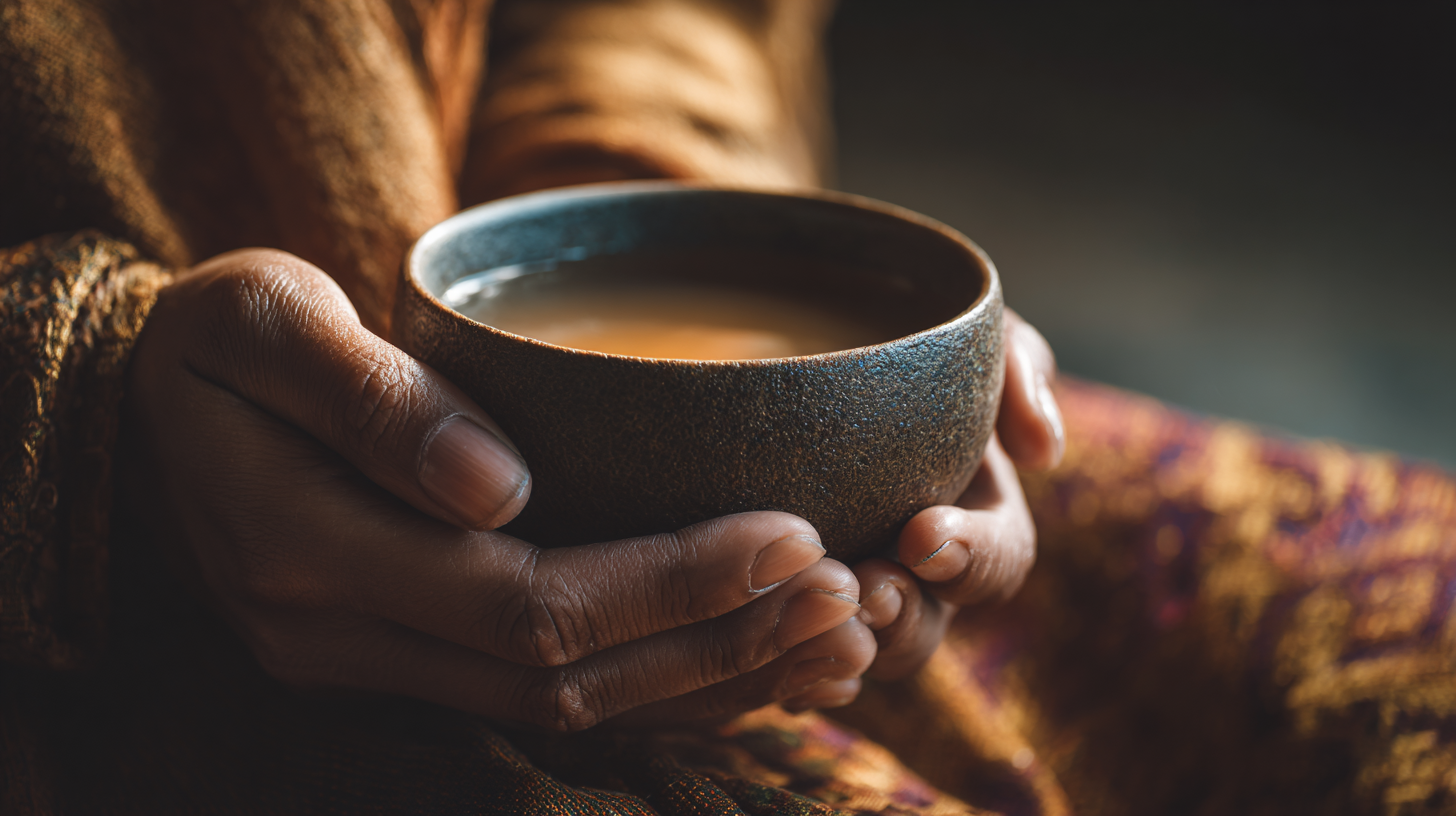 Close-up of hands offering a cup with gentle respect.