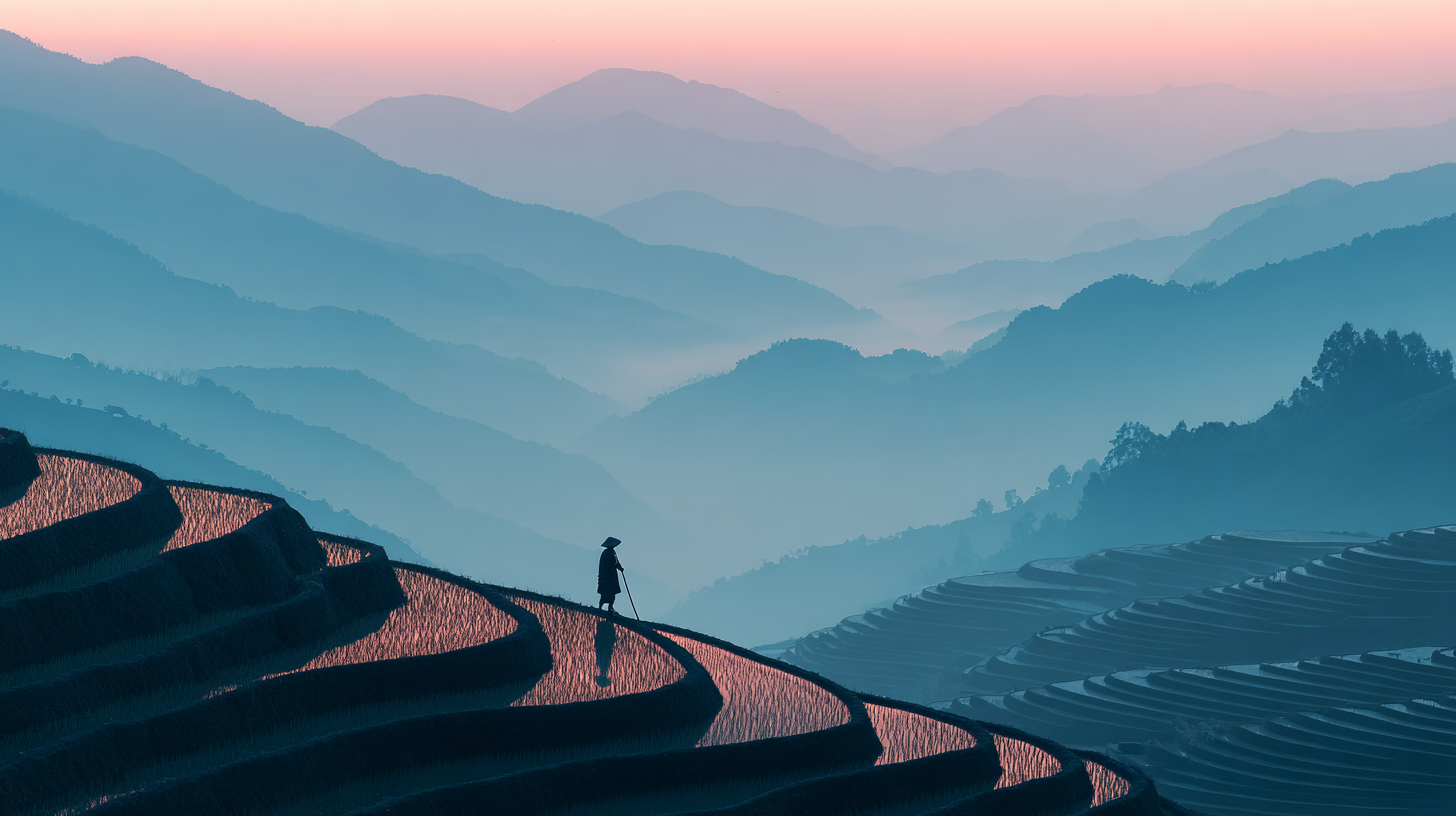 Misty sunrise over Indonesian rice terraces with a distant silhouette.