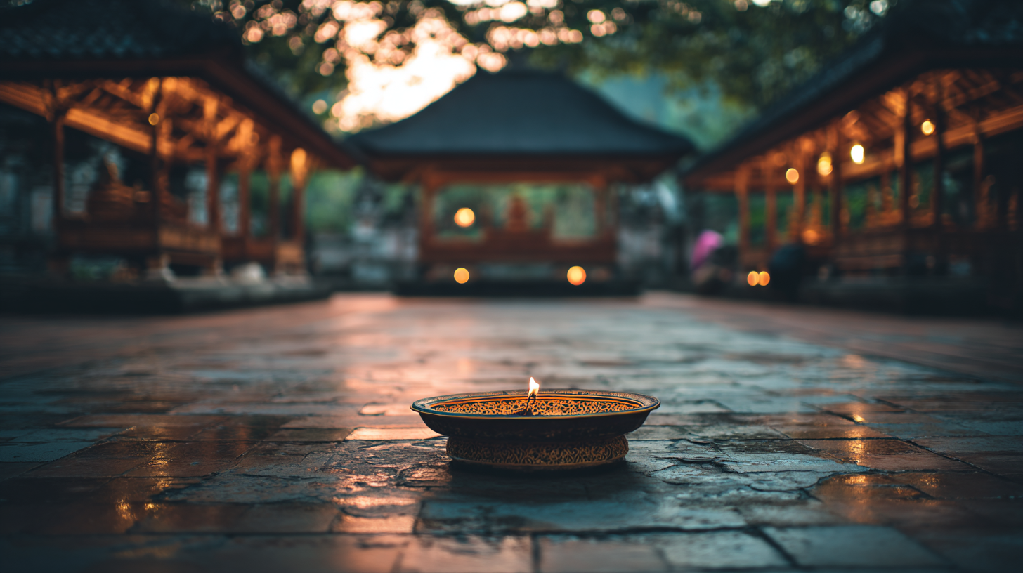 Dusk light illuminating an offering tray in a quiet courtyard.