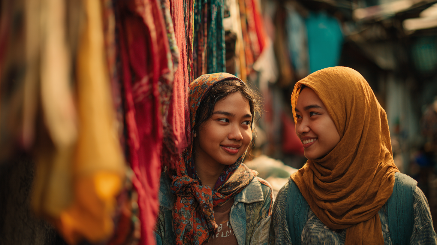Silhouetted group in a warm Indonesian market alley.