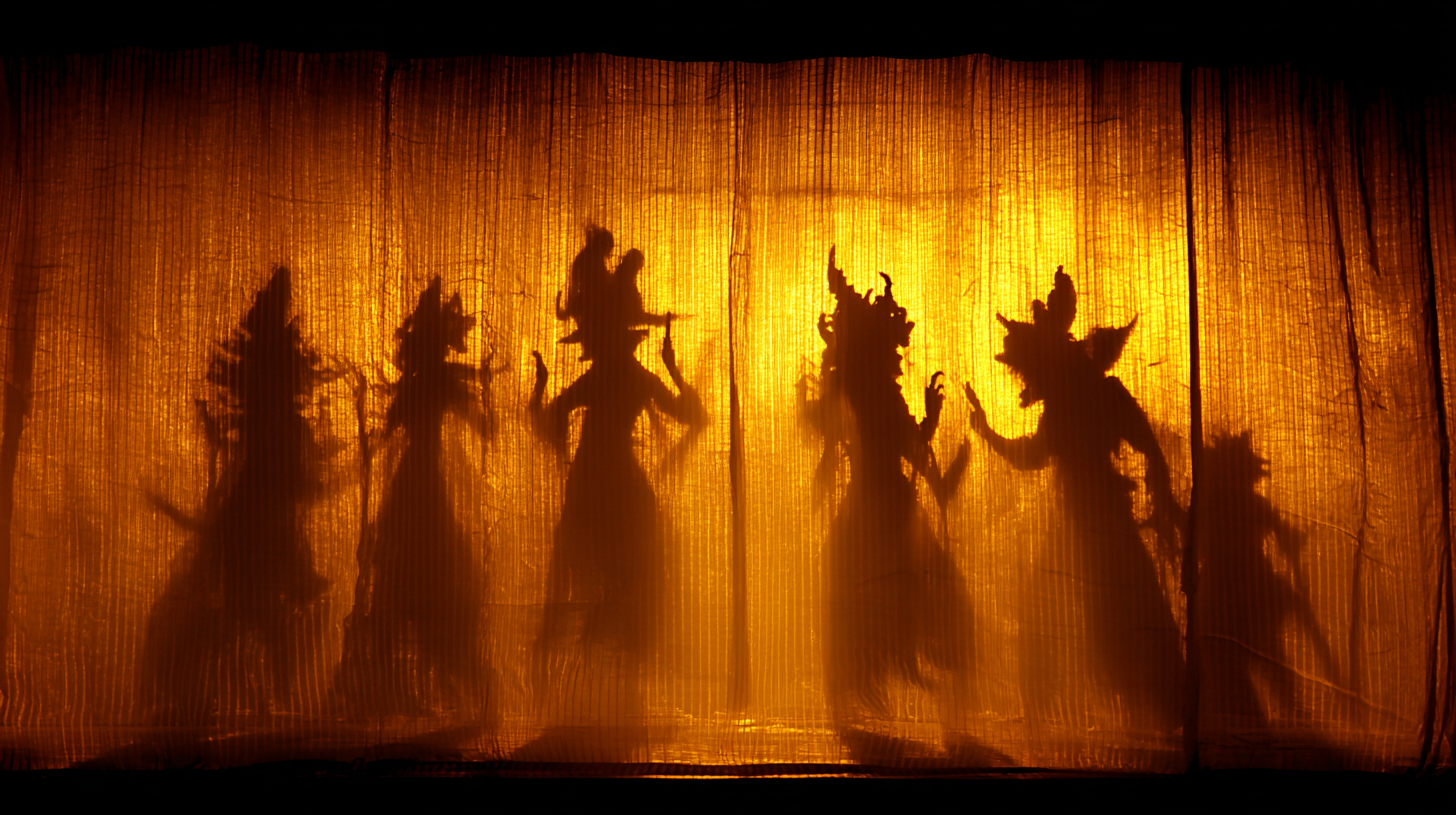 Wayang puppet silhouettes glowing against a lit screen.