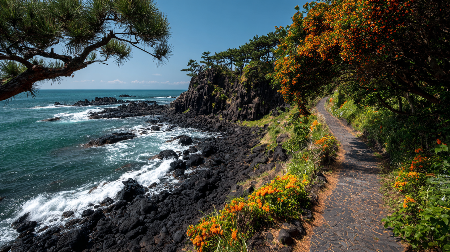 Coastal hiking path on Jeju Island with volcanic rocks and tangerine trees.