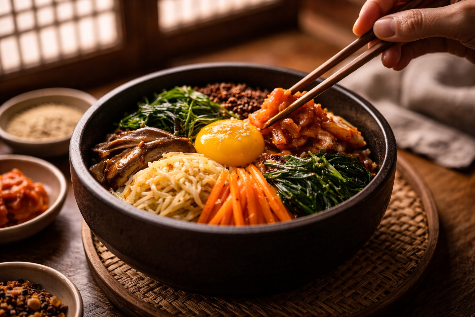Bibimbap being assembled with a hanok window softly blurred behind.