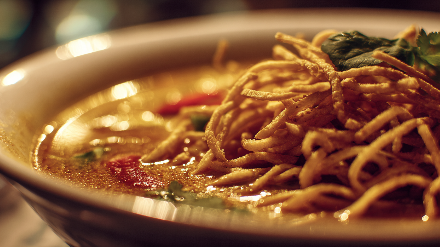 Close-up of khao soi with golden broth and crispy noodles.