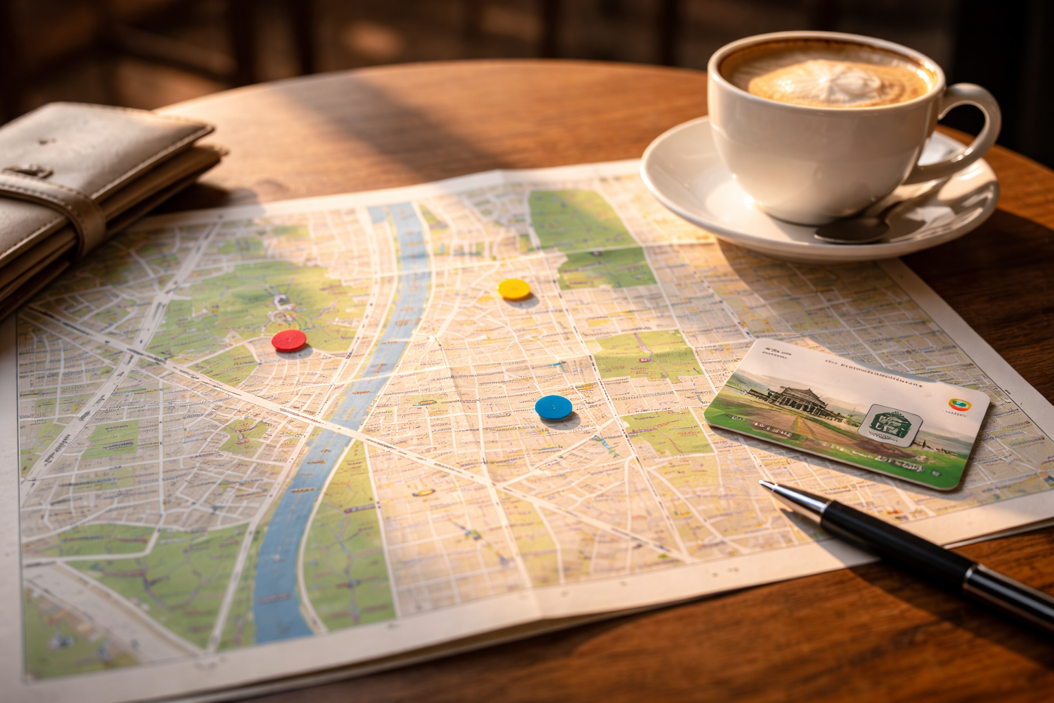 Café table route planning with map, sticky dots, and a transit card.
