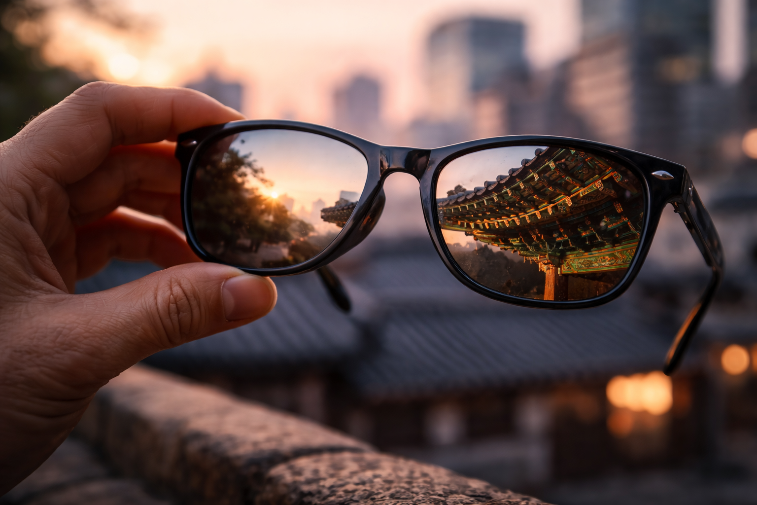 Sunglasses reflecting a traditional Korean roofline with modern city blur behind.
