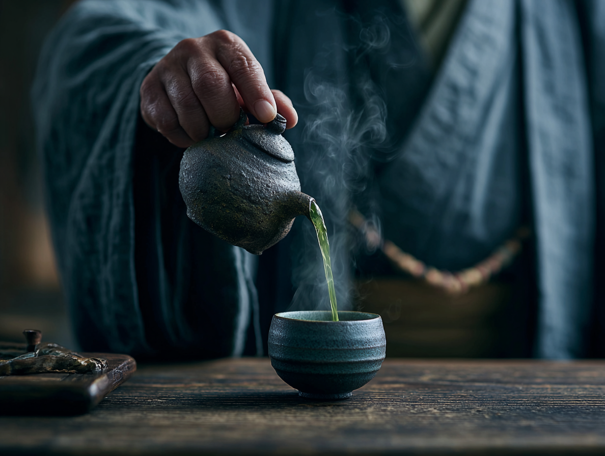 Buddhist monk performing a traditional tea ceremony during a temple stay.