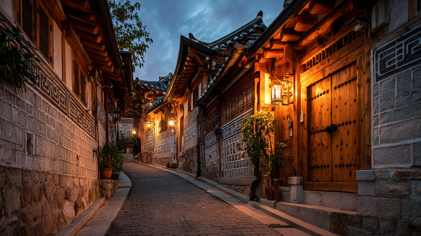 Quiet traditional street in Bukchon Hanok Village, Seoul.
