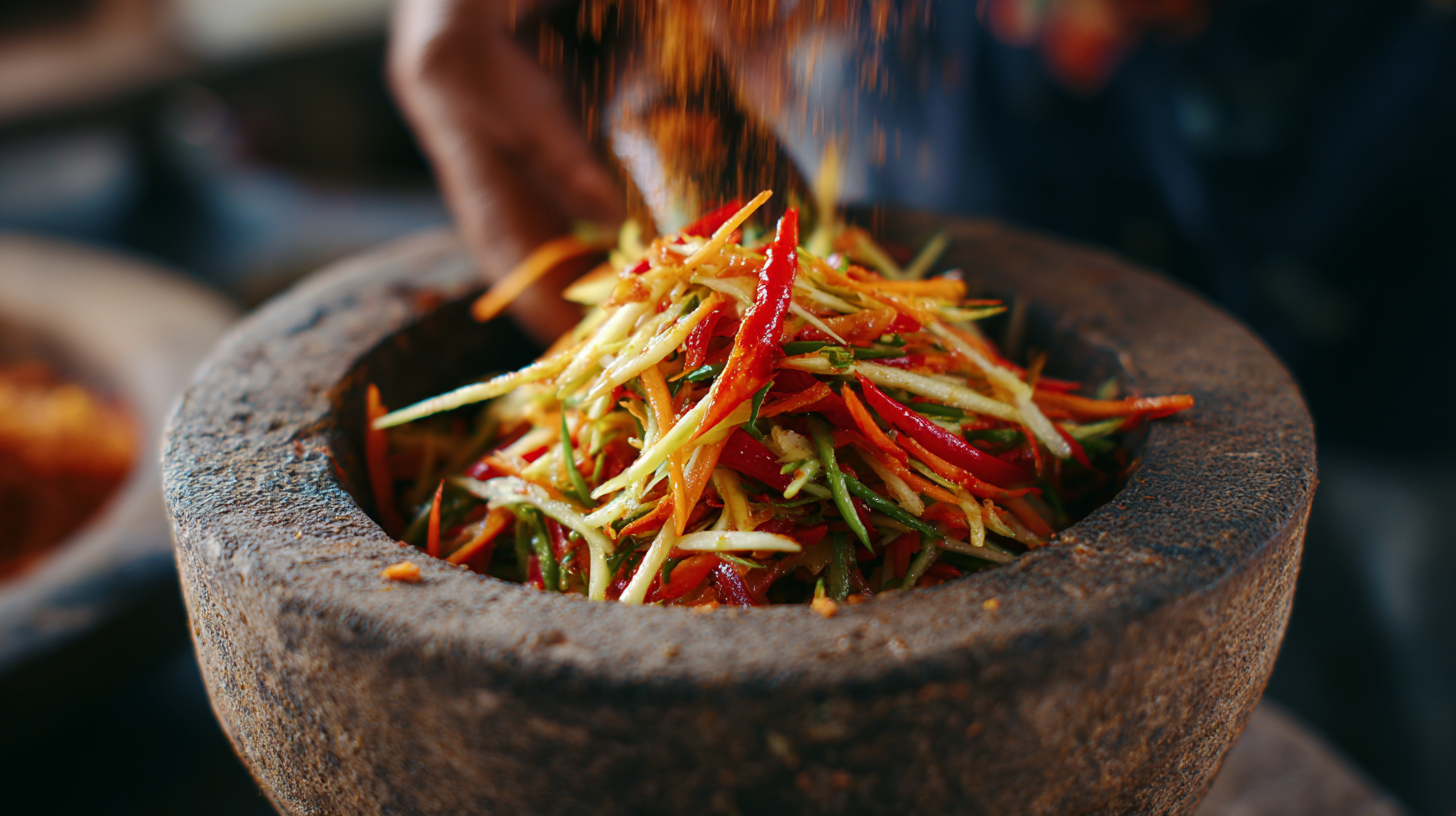 Close-up of som tam ingredients being pounded in a mortar.