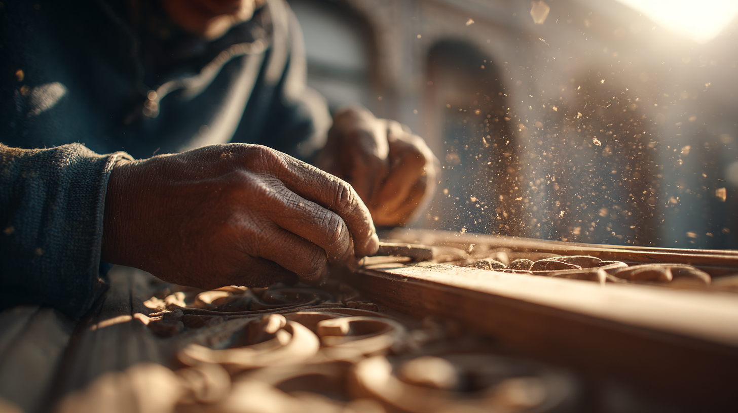 Close-up of hands restoring woodwork in traditional Thailand architecture.