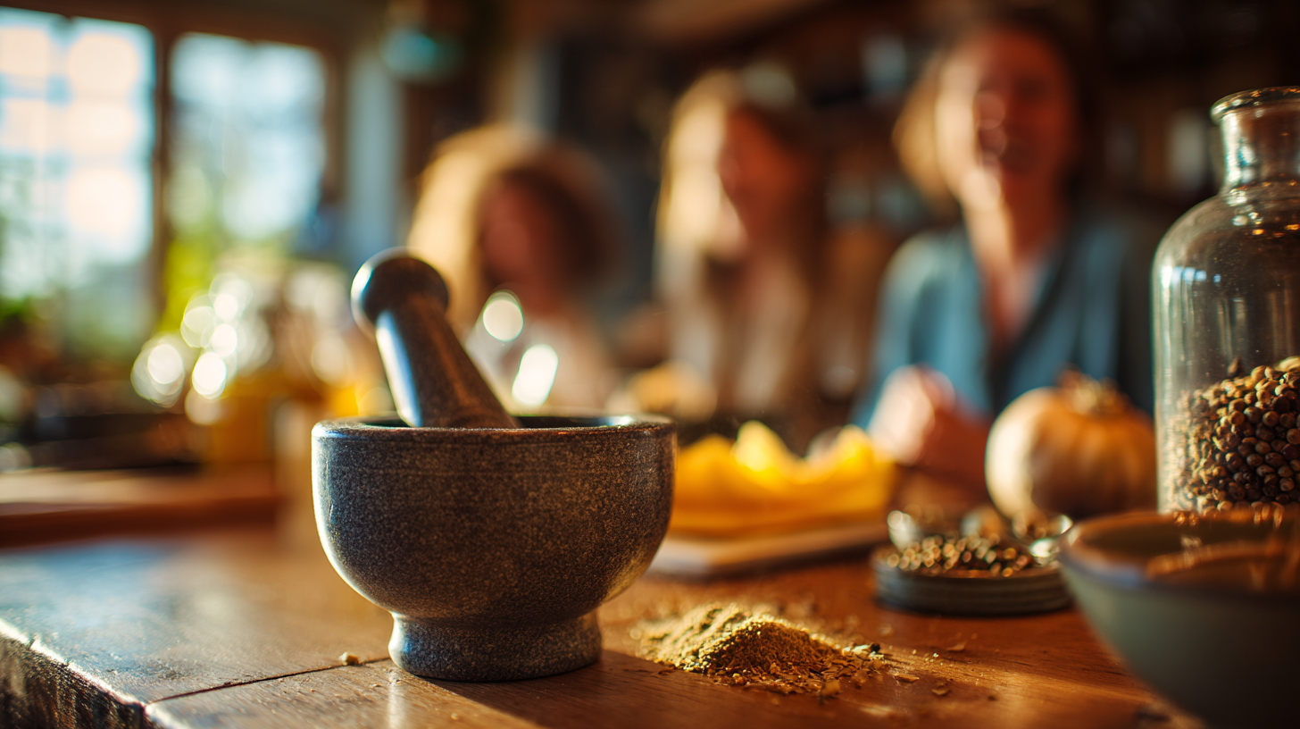 Close-up of spices being ground during a Thai cooking class.