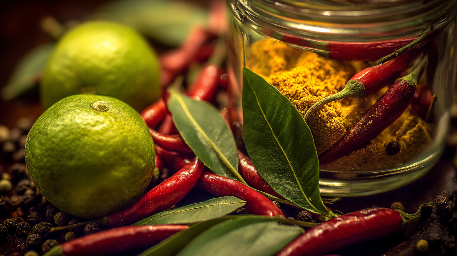 Close-up artistic blend of Thai cuisine herbs and spices.
