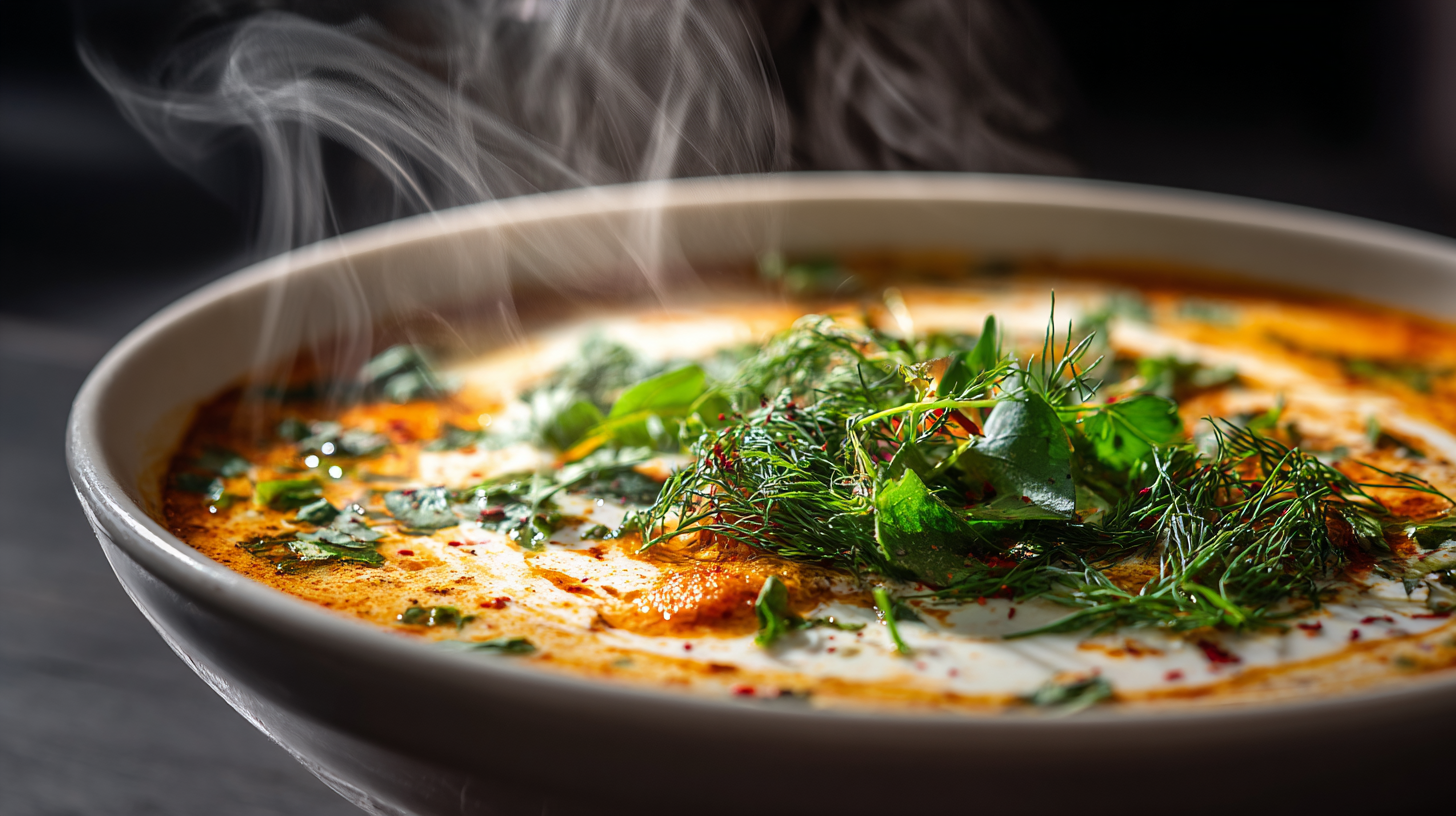 Close-up of steaming Thai curry with herbs.