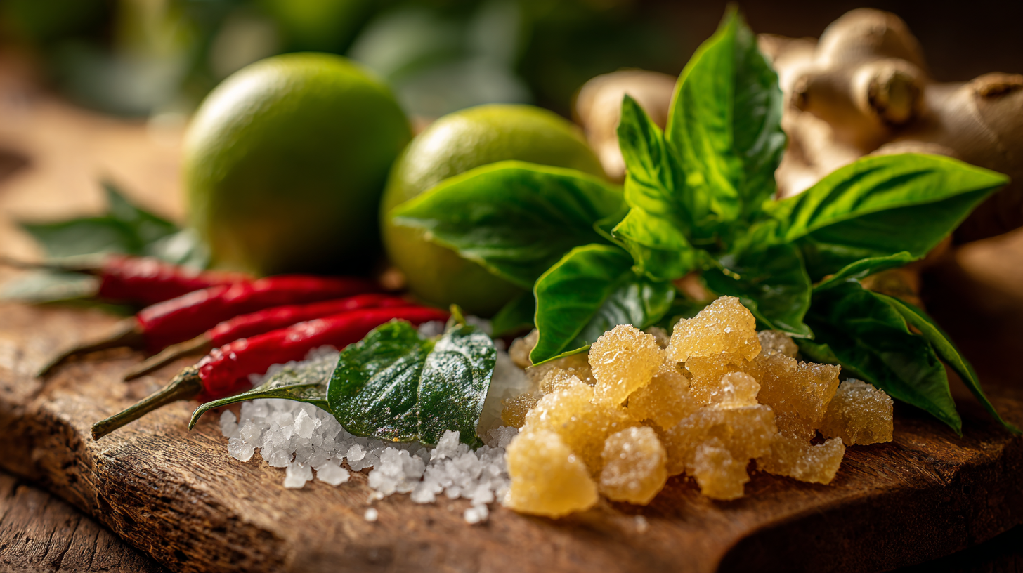Close-up of colorful Thai cooking ingredients and herbs.