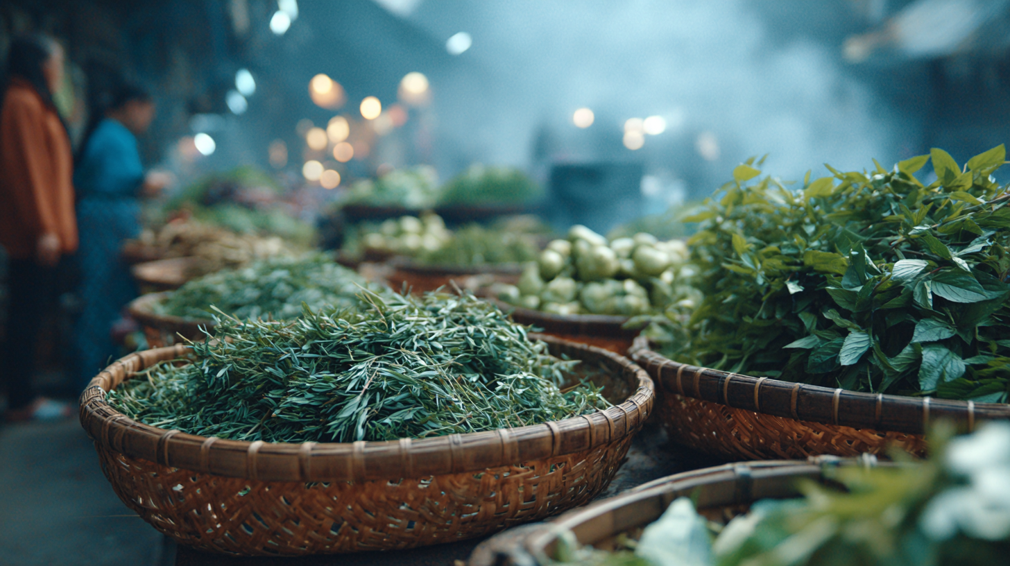 Close-up of Thai market herbs and fruits with shoppers behind.