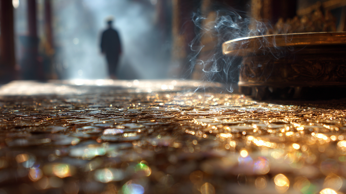 Close-up of gold mosaic tiles in Thai temple light.