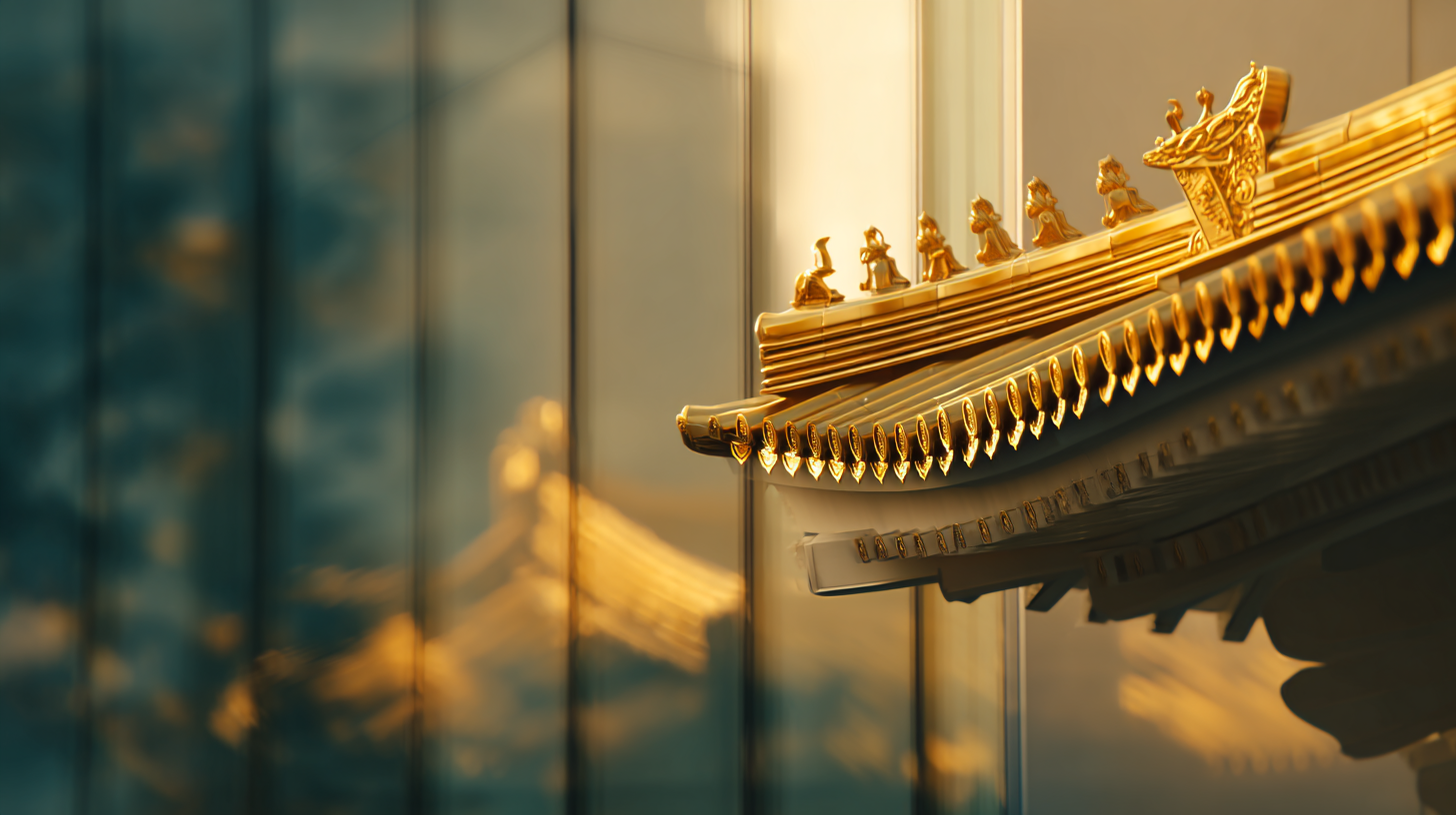 Close-up blending Thai traditional roof and modern glass reflection.