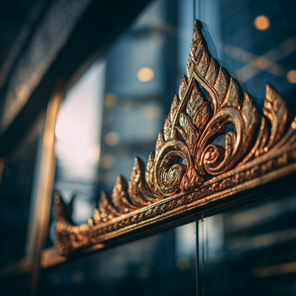 Close-up of Thai golden ornament with modern glass reflections.