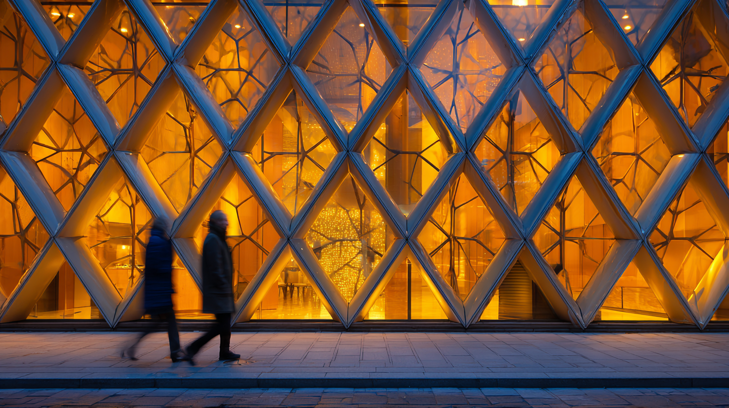 Close-up of modern architectural patterns with warm city reflections.