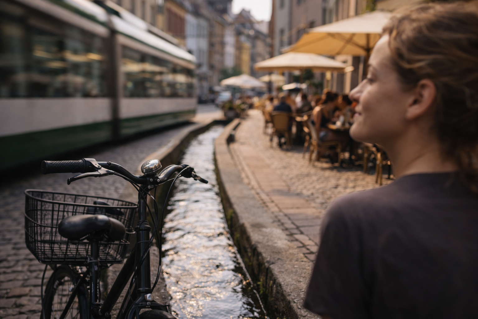 Bike and water channel in Freiburg with tram and café life softly blurred behind.