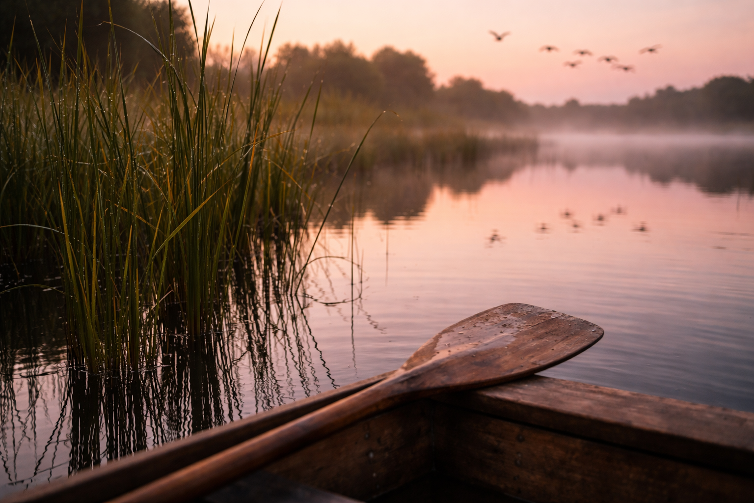 Wetland reeds and still water at dawn in a German biosphere reserve.