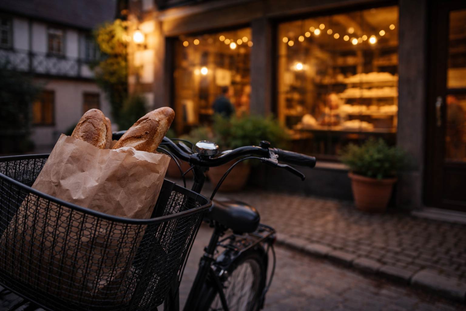 Slow village evening in Germany with bakery bag and bike basket in warm light.