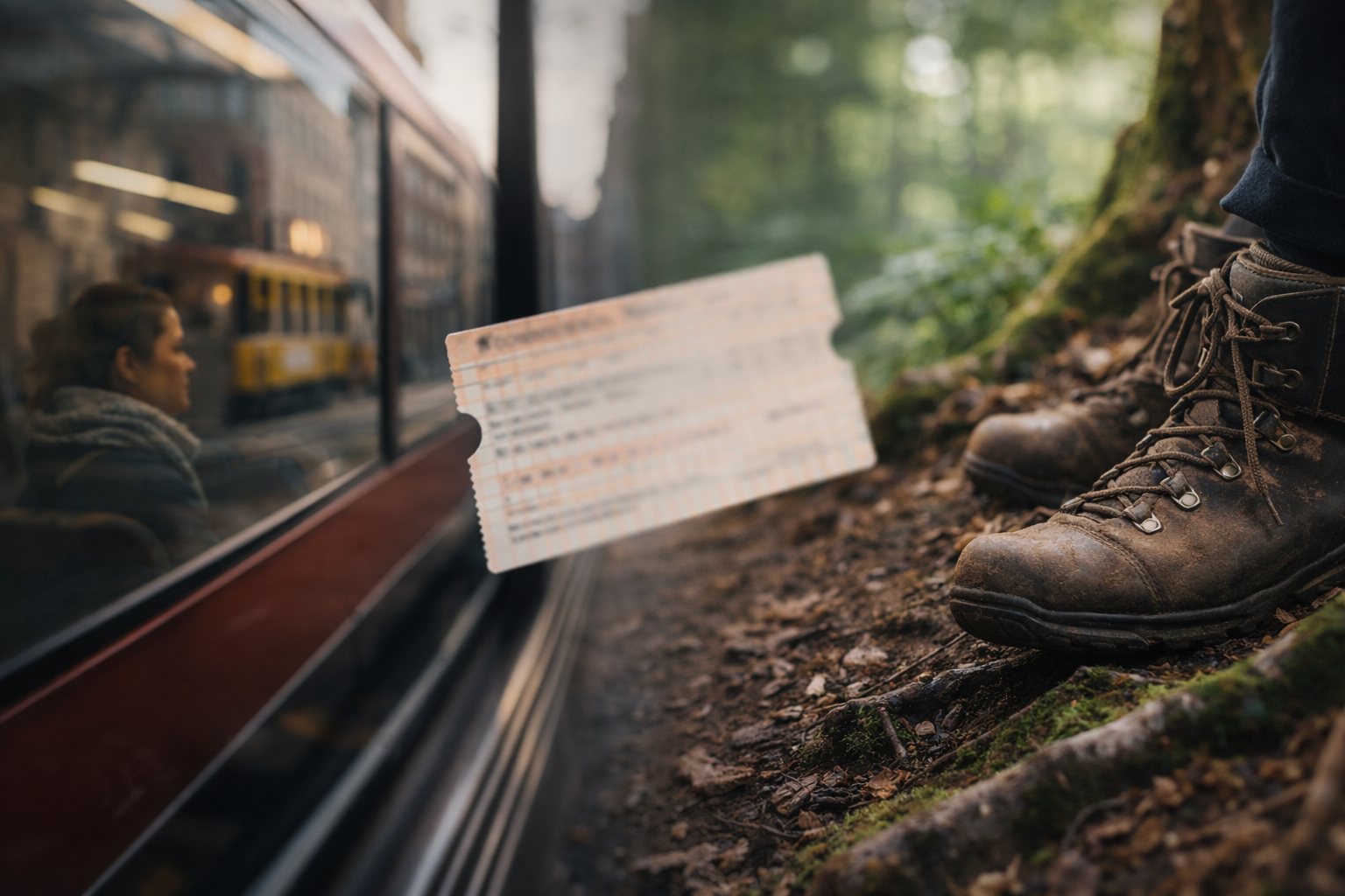 One frame showing a German city chapter and a forest chapter connected by rail.