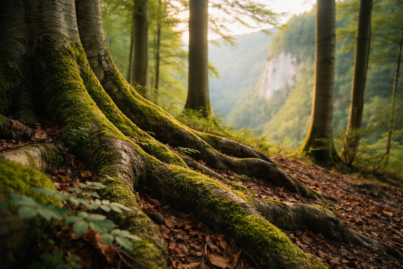 Forest floor textures and distant protected landscape in a German national park.