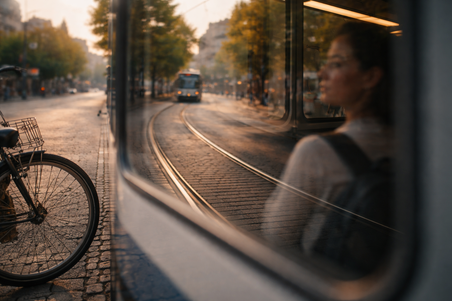 Sustainable travel in Germany: Layered mobility scene showing trains, trams, and bikes in Germany.