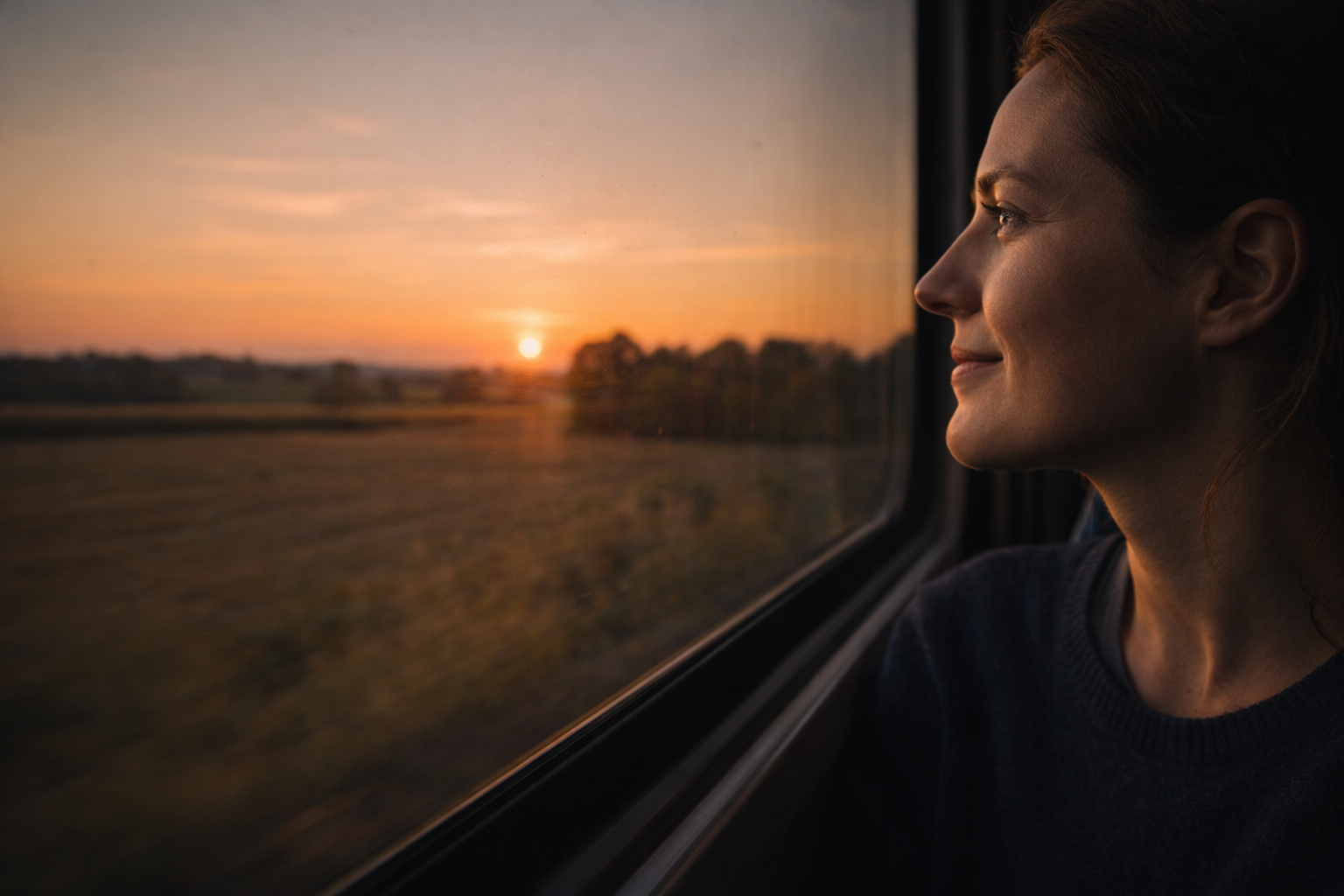 Sustainable travel in Germany: Reflective traveler at sunset on a German train after a thoughtful trip.