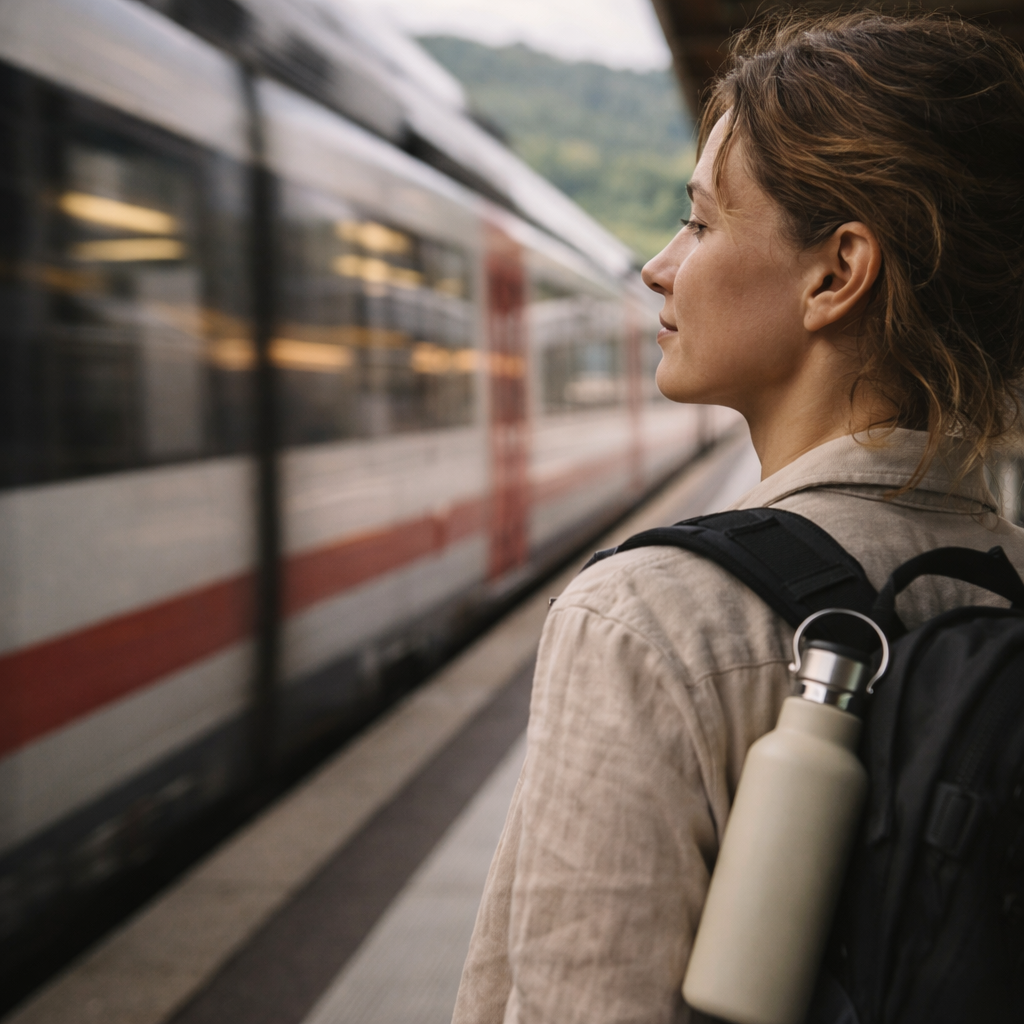 Traveler on a German train platform with a reusable bottle and train blur behind.