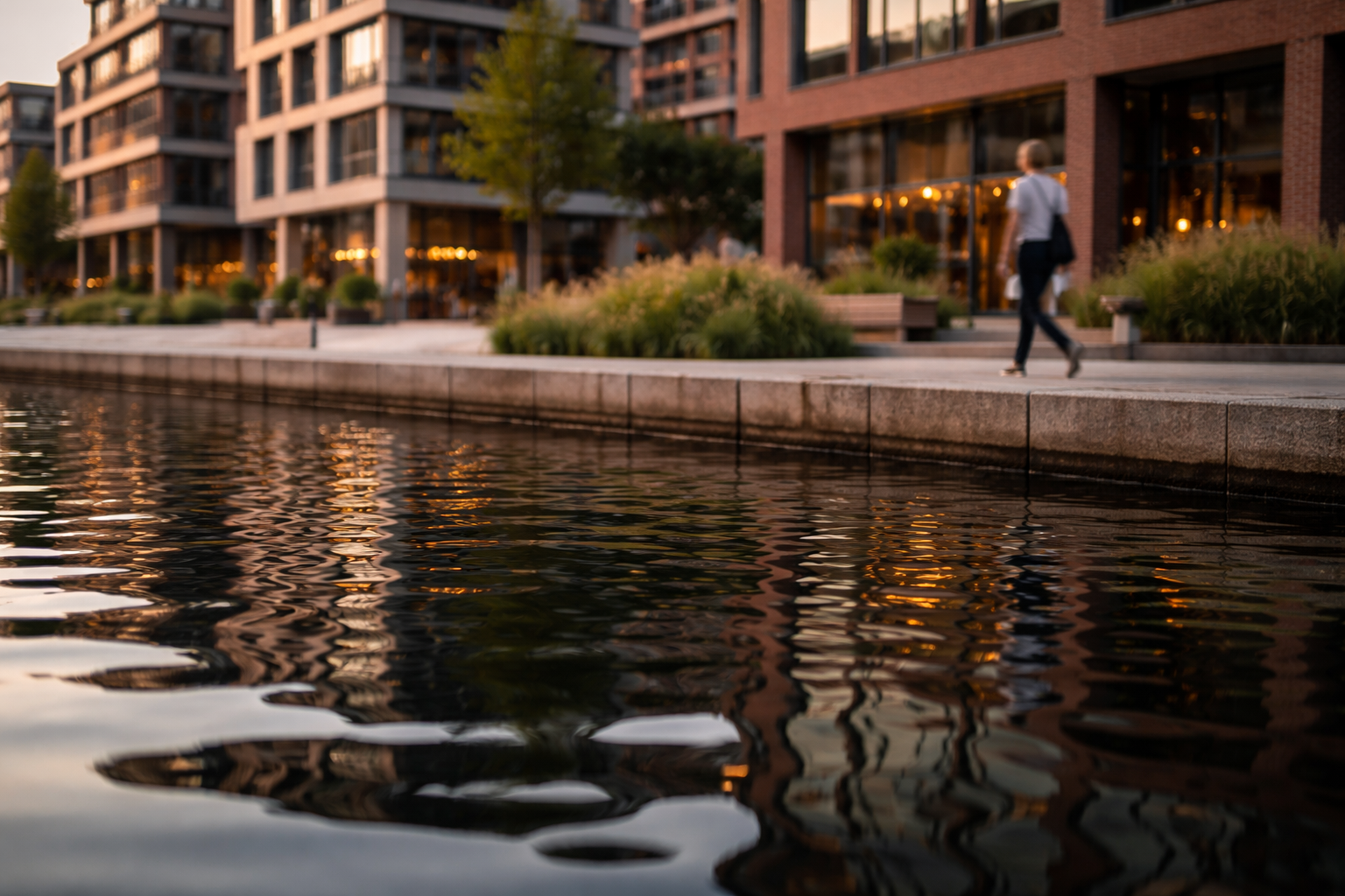 HafenCity reflected in harbor water with a pedestrian walkway and modern design.