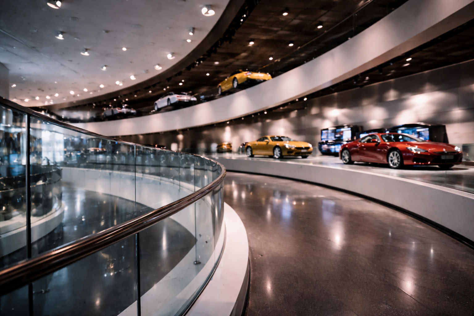 Curved walkway and suspended display create a dynamic museum atmosphere in Munich.