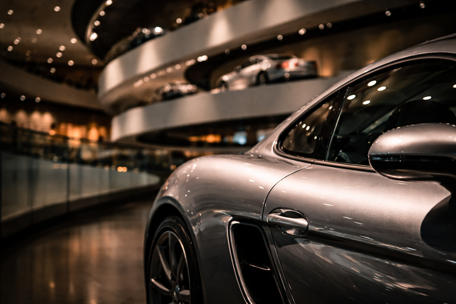 Car museums in Germany: Museum lighting across a car body panel with architectural forms blurred behind.