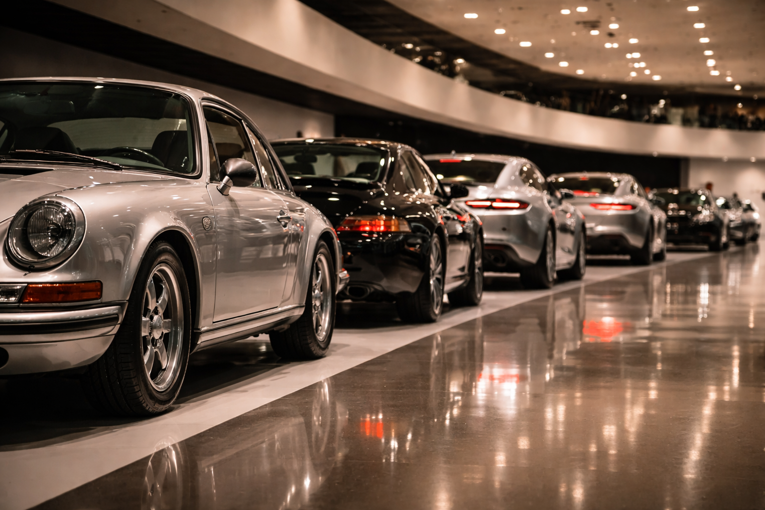 Car museums in Germany: Vintage and modern German cars aligned in a museum, showing automotive evolution.