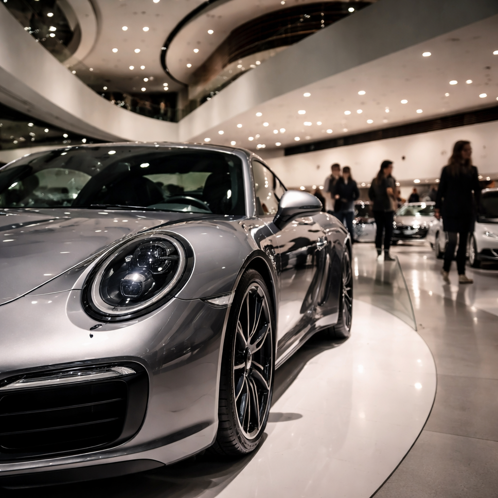 Silver sports car inside a sculptural German museum interior with elegant blurred visitors.