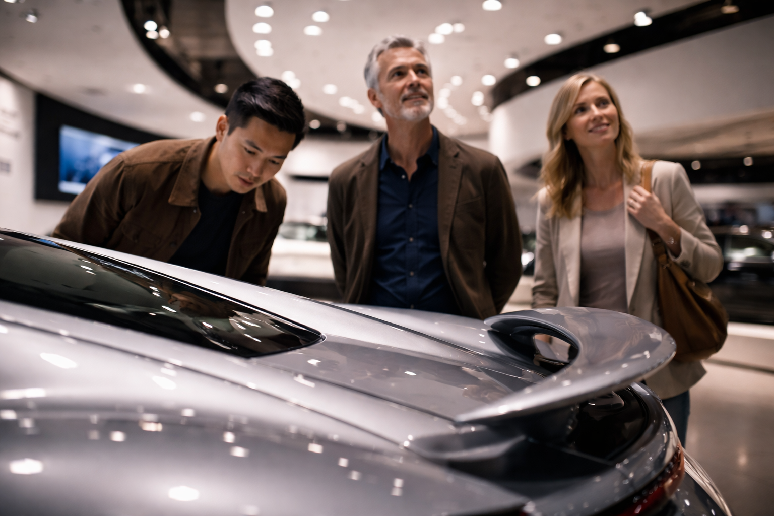 Different kinds of visitors enjoying a German car museum in their own way.