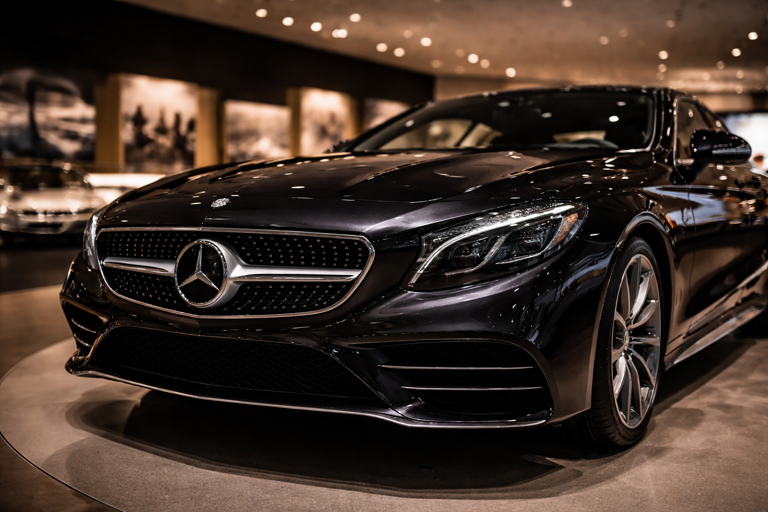 Elegant luxury Mercedes under soft spotlight in a refined museum setting.