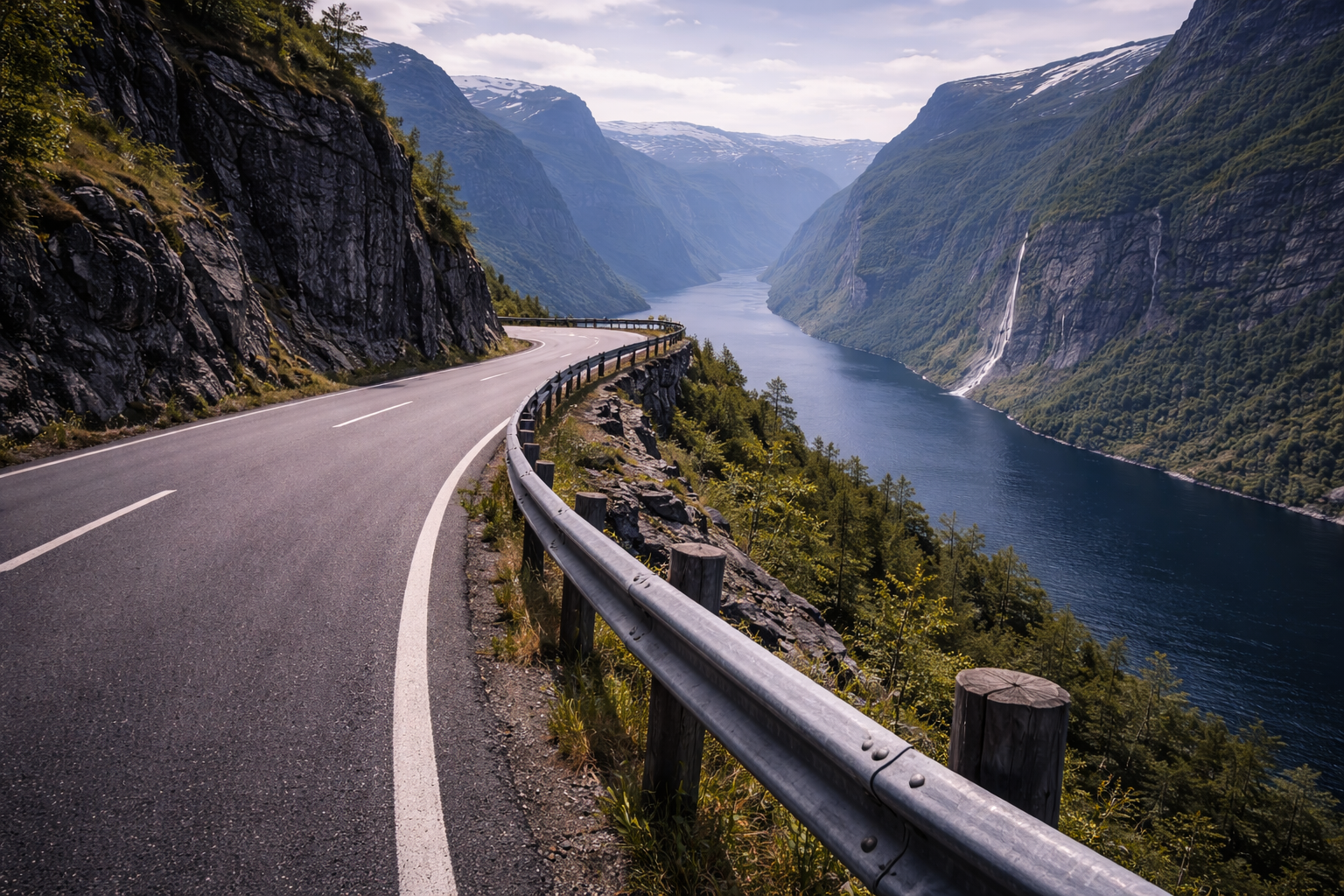 Scenic Norwegian road opening onto a dramatic fjord view below.