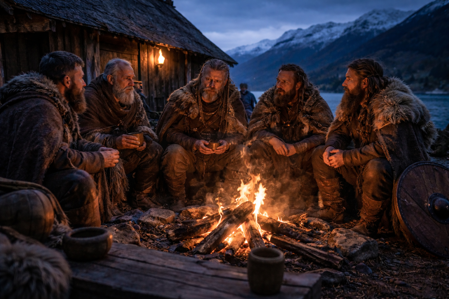 Ancient Vikings gathered around a fire near a longhouse in the cold Norwegian evening.