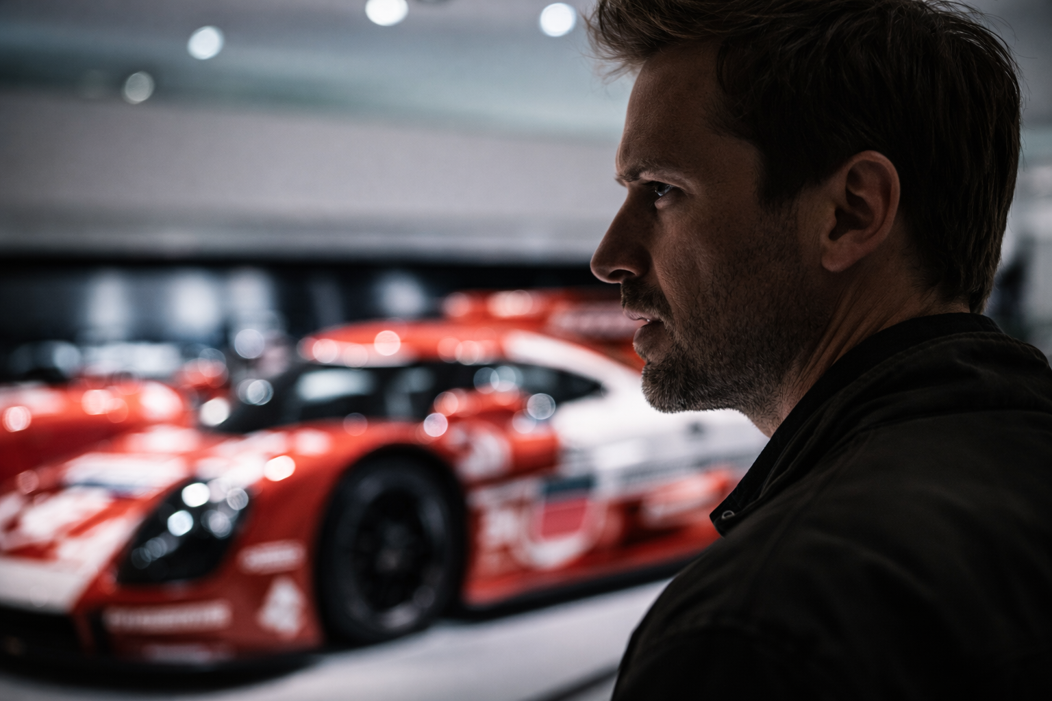 Energized visitor beside a Porsche racing display in Stuttgart.