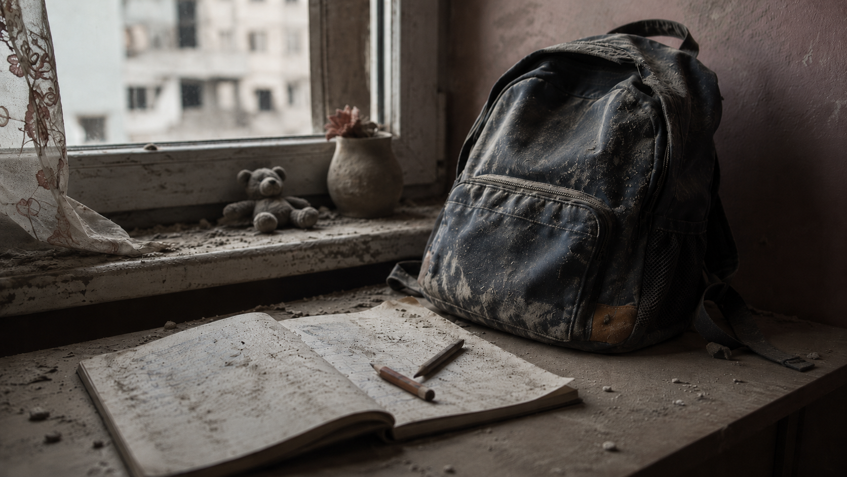 School notebook, pencil, and backpack symbolizing civilian life disrupted by war