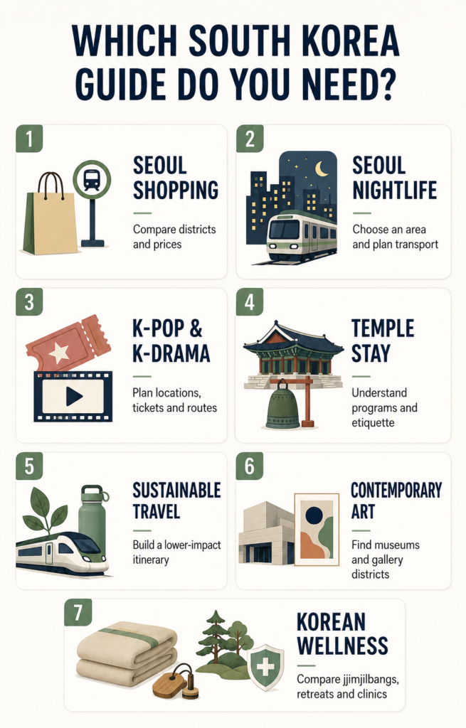 Seven updated South Korea travel guides covering shopping, nightlife, K-pop, temple stays, sustainability, contemporary art and wellness.
