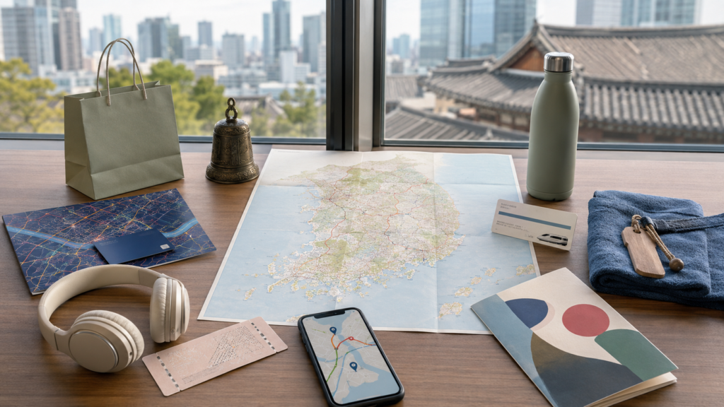 South Korea travel-planning desk with objects representing shopping, nightlife, K-pop, temples, sustainable travel, art and wellness.